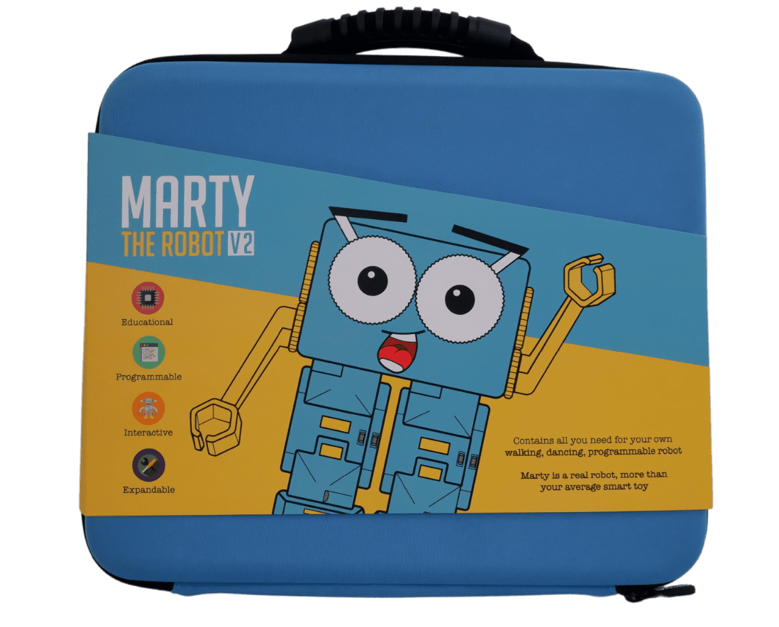 Blue carrier box with sleeve displaying Marty the robot