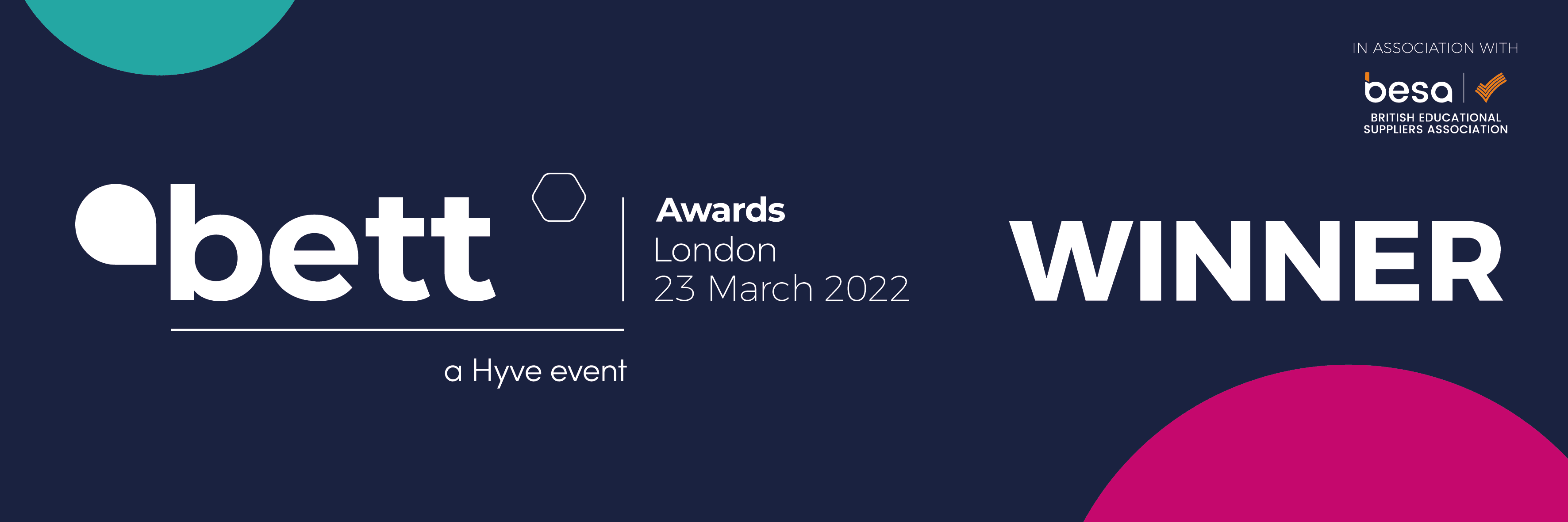 Navy blue background with white text stating "bett awards winner, London, 23 March 2022