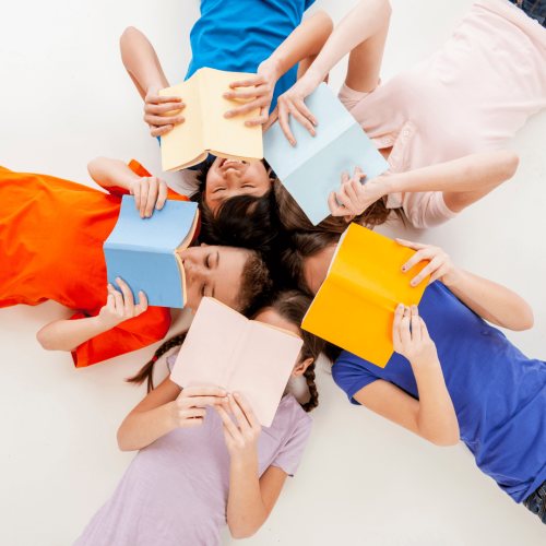 Book reading children Five children reading books
