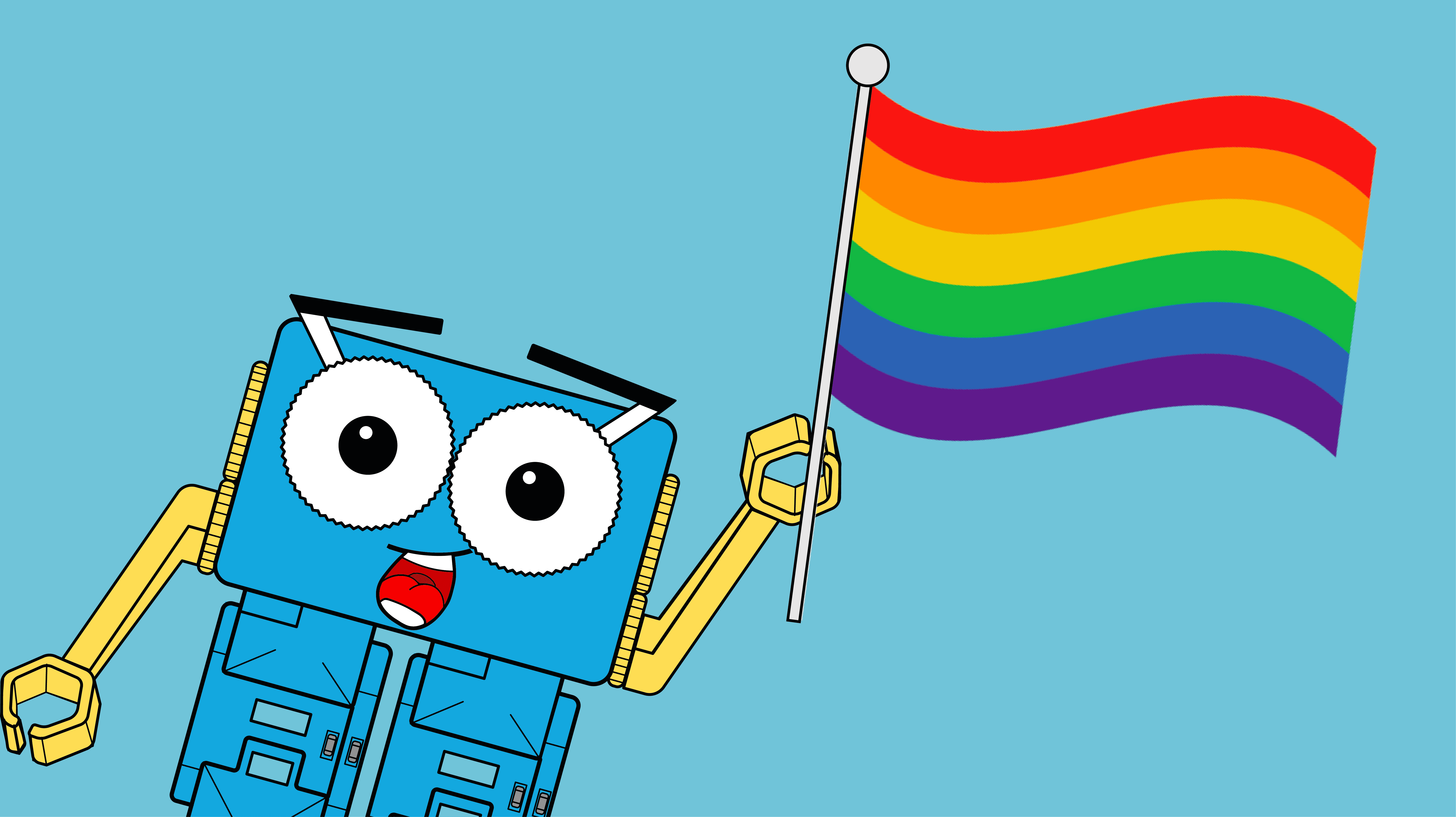 Marty the robot with pride flag