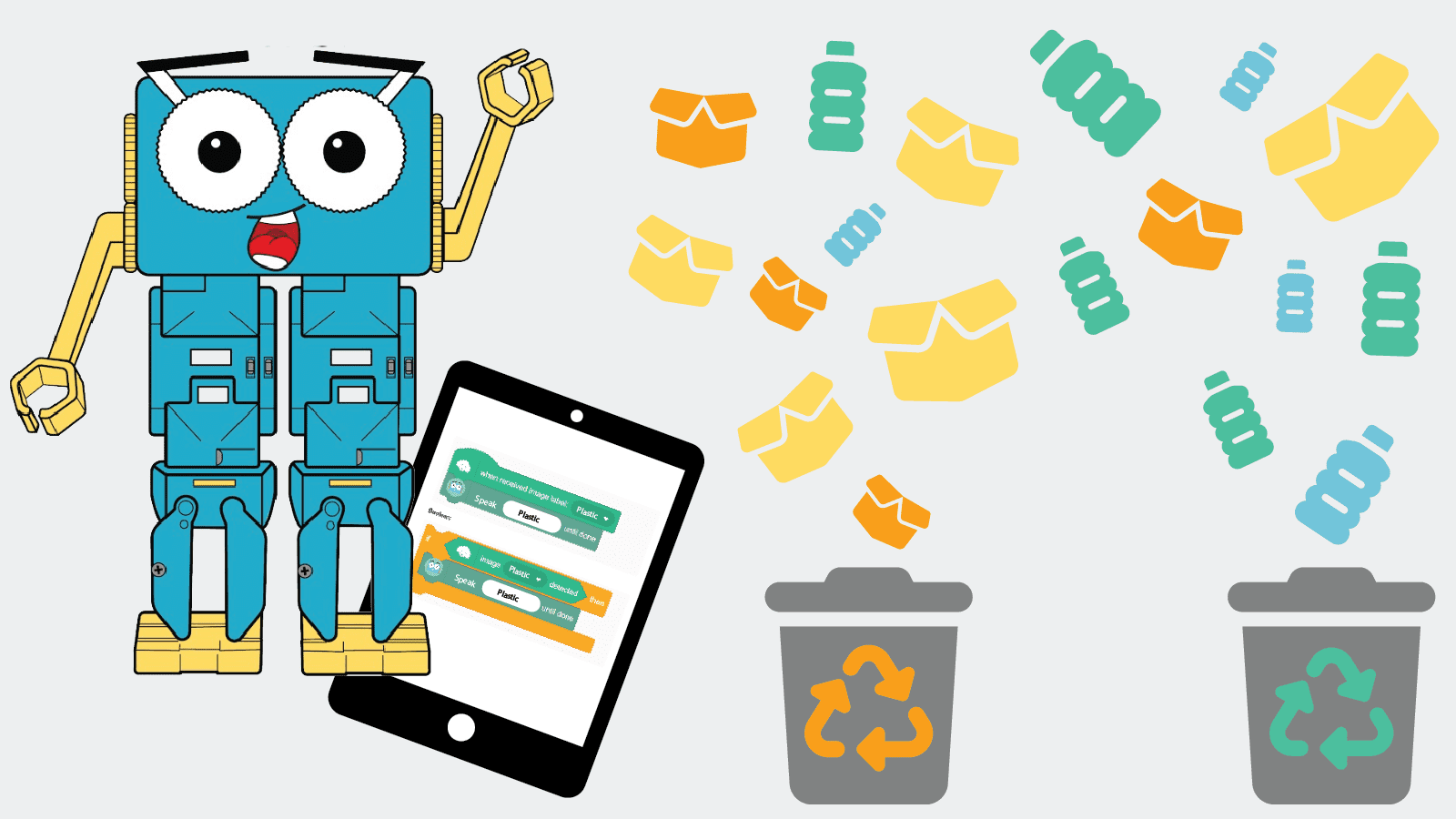 Marty recycling with AI A graphic showing Marty the Robot using AI to sort recyclables