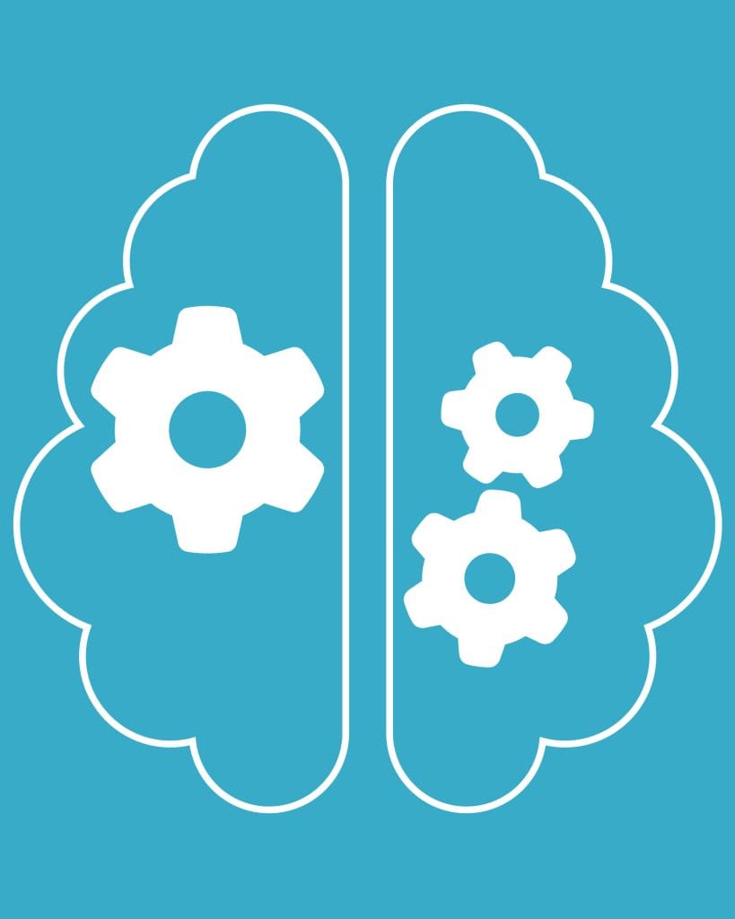 Machine Learning A cartoon of a brain with cogs inside, depicting machine learning.