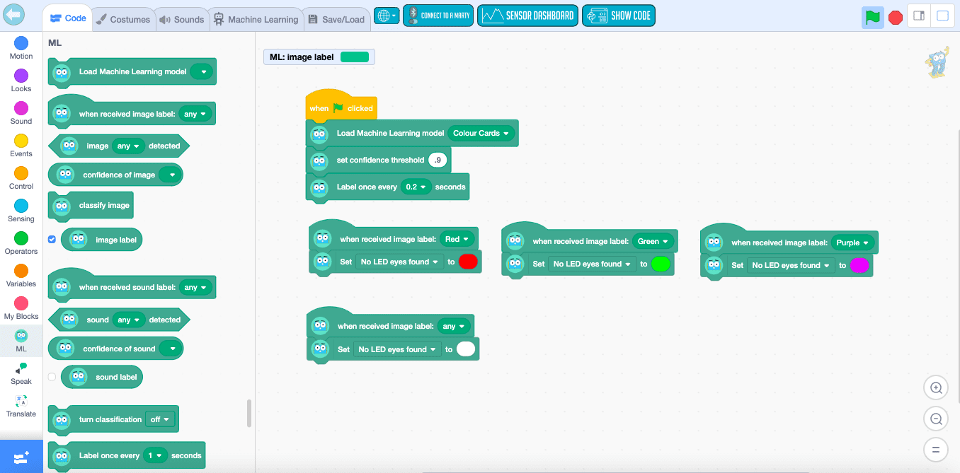 Machine Learning A screenshot of MartyBlocks code using the machine learning model